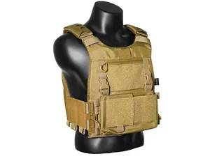 Detail of waterproof MOLLE webbing system and tactical plate carrier on a coyote brown vest