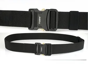 Close-up of tactical nylon belt showing metal quick release buckle with dual view