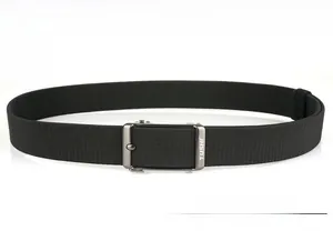 Detail of the high-quality metal automatic buckle on a black stretch woven belt