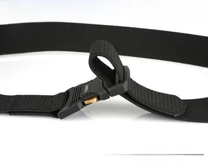 Detail of tactical nylon belt buckle with alloy quick-release lever and TUSHI logo