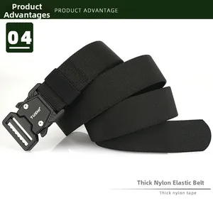 Detail of black elastic tactical belt with quick-release matte metal buckle