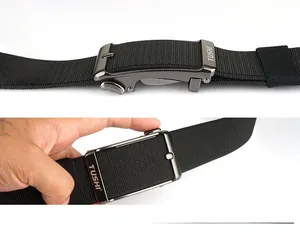 Detail view of TUSHI elastic woven belt with adjustable gunmetal buckle mechanism