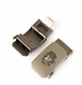 Macro detail of zinc alloy belt buckle with dragon relief and anti-scratch finish