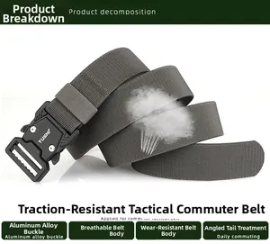 Detail of grey tactical nylon belt showing the alloy buckle and breathable fabric texture