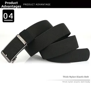 Close-up of durable black elastic nylon belt with premium metallic automatic buckle