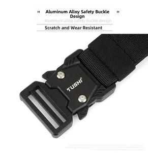 Close-up of tactical belt with quick-release aluminum alloy buckle and nylon webbing