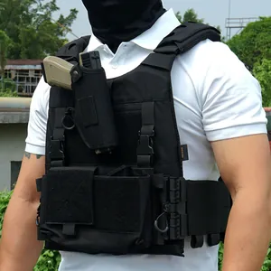 Detail of black tactical vest featuring MOLLE system and quick-release buckle mechanisms
