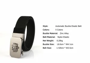 Detail of elastic nylon belt with zinc alloy dragon relief automatic buckle and dimensions