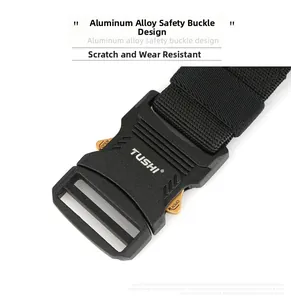 Close-up of quick-release tactical belt buckle made of matte black aluminum alloy