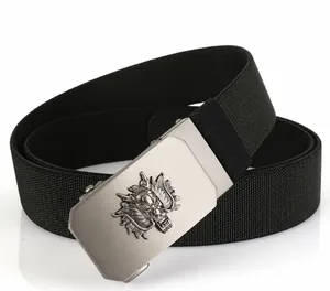 Detail of men's black elastic woven belt with silver dragon relief buckle