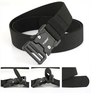Detail of tactical nylon belt with quick-release buckle and high-density woven strap