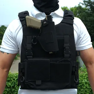 Detail of waterproof tactical vest with quick-draw holster and durable MOLLE system