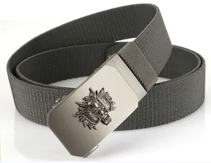 Detailed view of dark grey woven belt featuring a silver dragon relief buckle