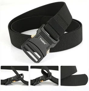Close-up of tactical nylon belt with alloy quick-release buckle and TUSHI logo