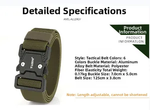 Tactical belt details showing aluminum alloy buckle and elastic polyester strap specs