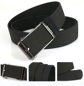 Detail of black woven elastic belt with matte metal automatic buckle and fine texture