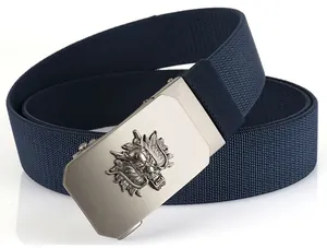 Close-up of navy blue braided elastic belt with silver metal dragon buckle engraving