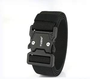 Close-up of matte black tactical quick-release buckle and thick nylon belt webbing