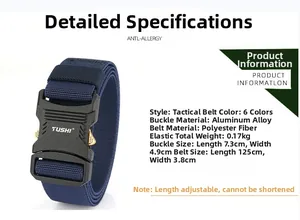 Detail view of tactical nylon belt with alloy quick release buckle and size specifications