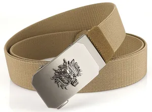 Detail of khaki braided belt featuring a metallic dragon relief automatic buckle