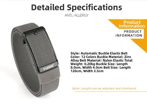 Detailed specs of the gray elastic canvas belt with adjustable zinc alloy buckle