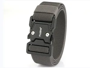 Detail of tactical quick release buckle with TUSHI logo and durable nylon webbing