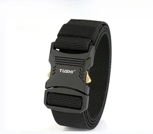 Detail of black tactical nylon belt with quick release buckle and TUSHI logo