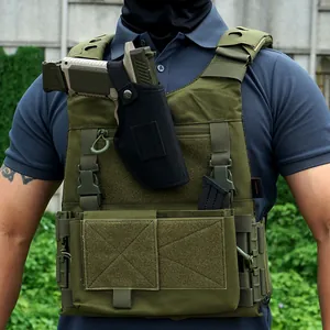 Detail view of olive green tactical vest with MOLLE system and quick release buckles