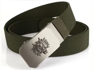 Macro detail of military green nylon belt featuring silver metal dragon head relief buckle