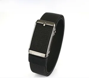 Close-up of black elastic woven belt with dark grey metal automatic buckle and logo