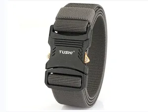 Detail shot of the black quick-release alloy buckle and sturdy dark gray nylon tactical belt