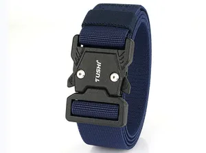 Close-up of tactical nylon belt with heavy-duty quick release buckle and metal screws