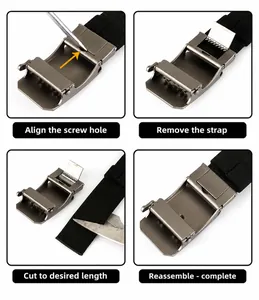 Guide showing how to cut and adjust the black nylon belt length with the automatic buckle