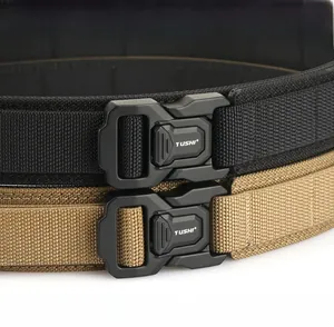 Macro view of zinc alloy buckle and durable nylon weave on adjustable tactical belt