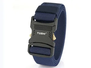 Detail of navy nylon tactical belt featuring a quick-release buckle and alloy hardware