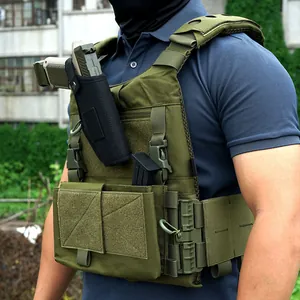 Close-up of olive drab tactical vest featuring quick-release buckles and holster detail