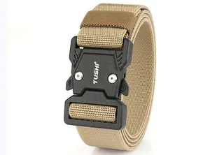 Close-up of khaki tactical belt with quick-release buckle and TUSHI logo branding