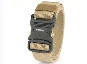 Detail of khaki nylon tactical belt featuring heavy-duty quick release alloy buckle
