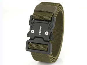Close-up of army green tactical belt nylon texture and black metal quick-release buckle