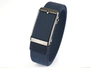 Macro view of navy blue elastic woven belt with dark grey metal automatic buckle