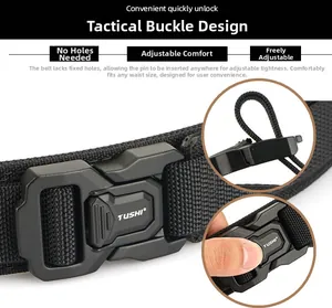 Detail of black nylon tactical belt featuring a quick-release buckle with TUSHI logo