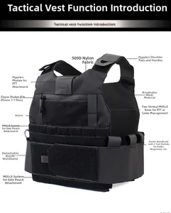 Detail of black tactical vest featuring 500D nylon fabric and MOLLE system for expansion