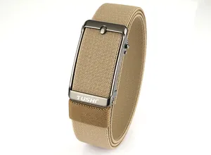Macro detail of khaki braided elastic belt with gunmetal rectangle automatic buckle