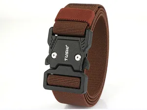 Close-up of brown tactical belt with a black quick-release buckle and TUSHI logo