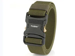 Detail of army green nylon tactical belt with black quick-release buckle and TUSHI logo