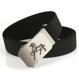 Close-up of black elastic woven belt with silver automatic buckle featuring horse emblem