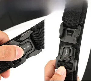 Close-up of the heavy-duty quick release buckle on a black nylon tactical belt