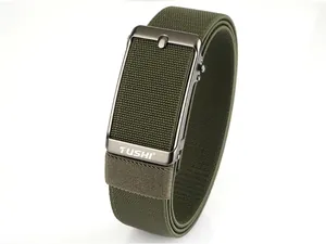 Detail of army green elastic woven belt with matte grey automatic metal buckle