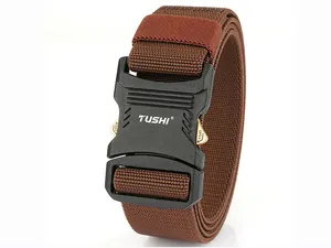 Close-up of quick-release alloy buckle with gold accents and heavy-duty nylon tactical belt