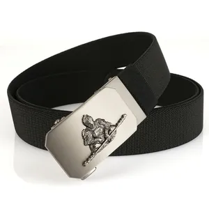 Close-up of elastic woven belt with metal buckle featuring Sun Wukong relief carving